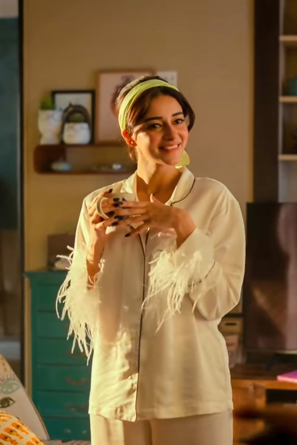 White Ananya Pj Set In Satin With Fur Detail