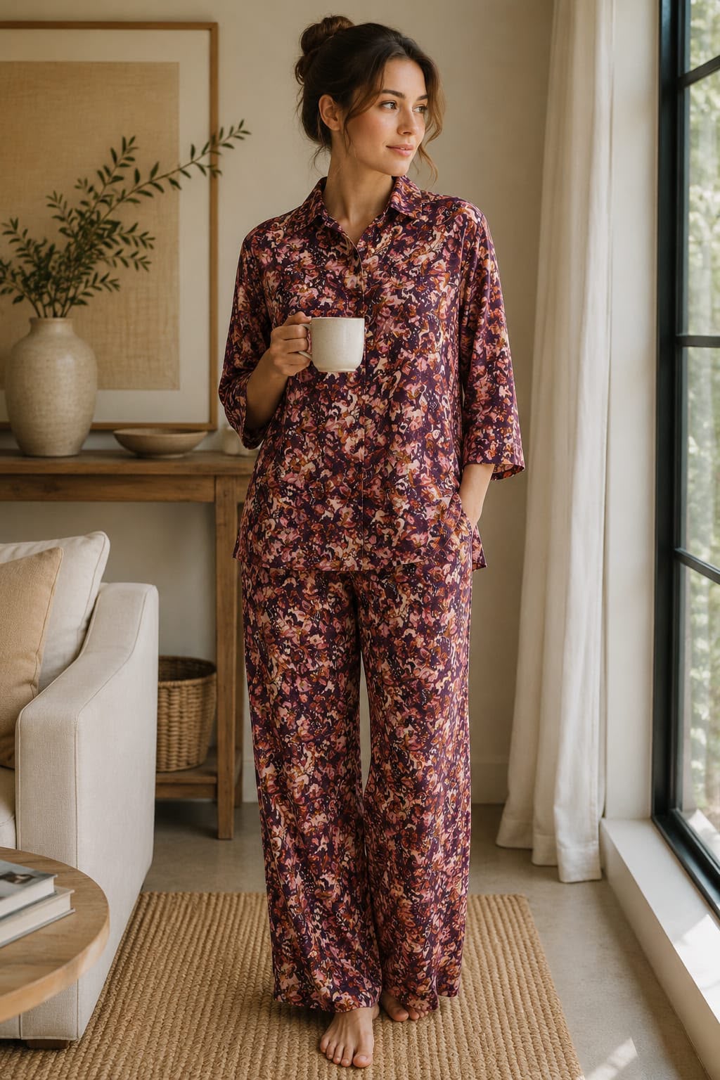 Premium Cotton Printed Night Suit – Plum Blossom