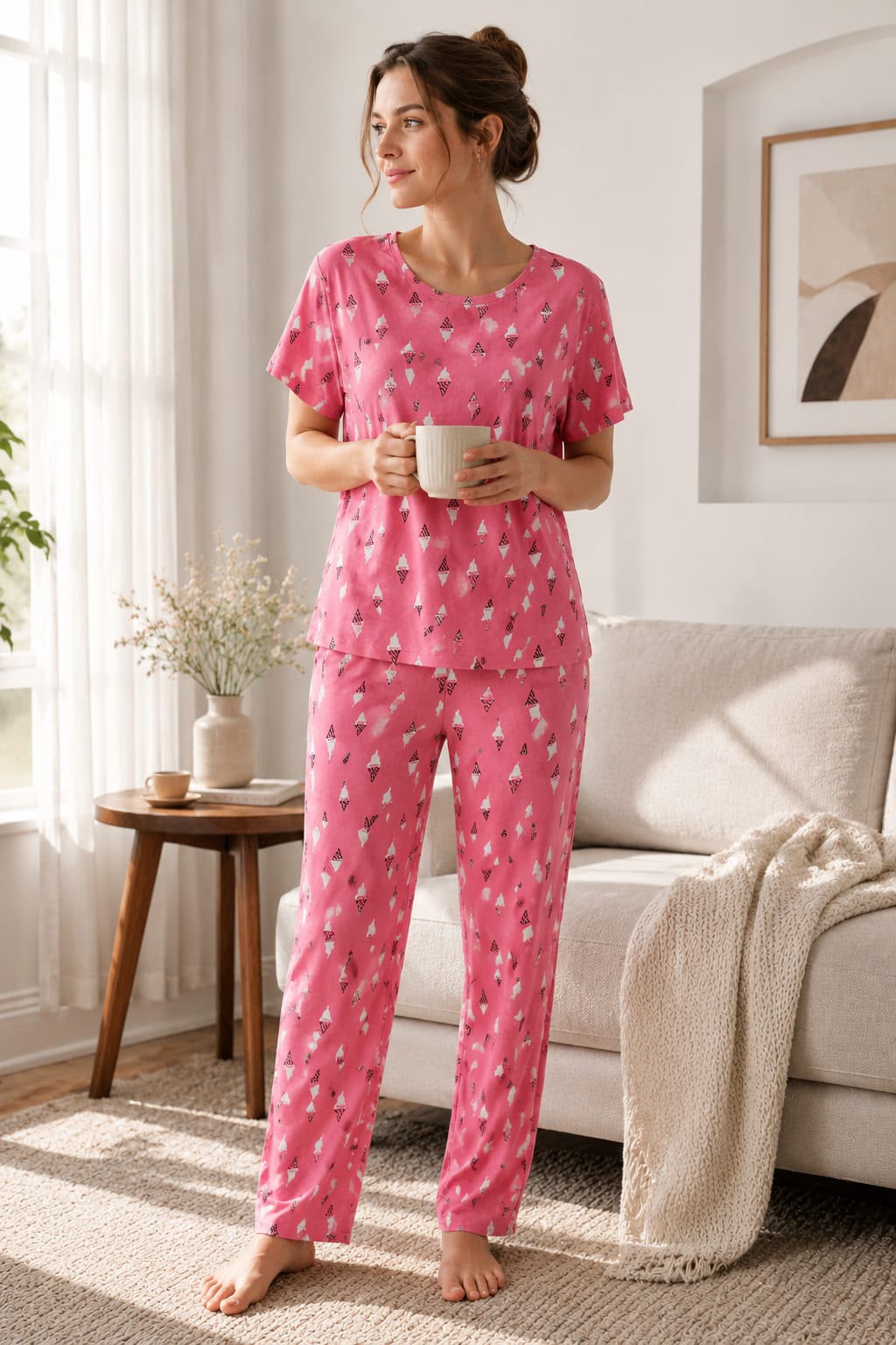 Cotton Printed Night Suit Set – Pink Ice Cream Print