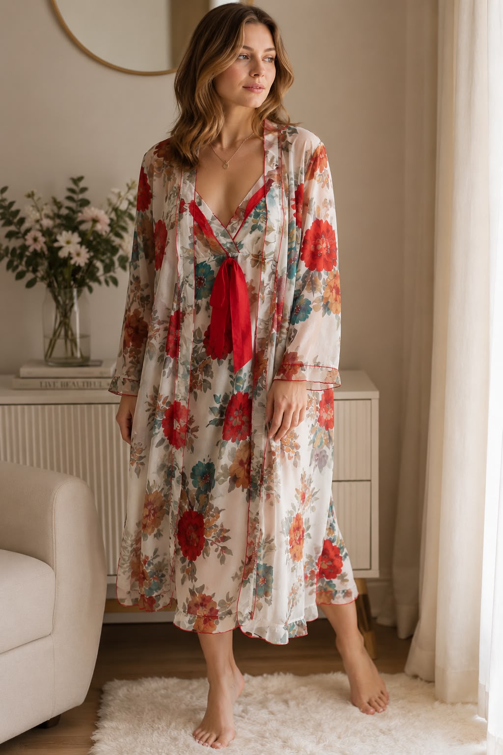 Floral Satin Long Nighty with Sheer Robe Set – Vintage Bloom