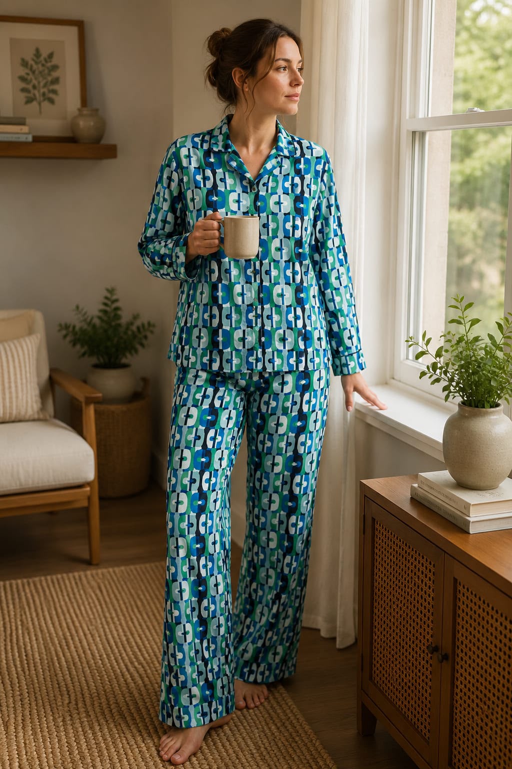 Azure Geo Print Cotton Pajama Set