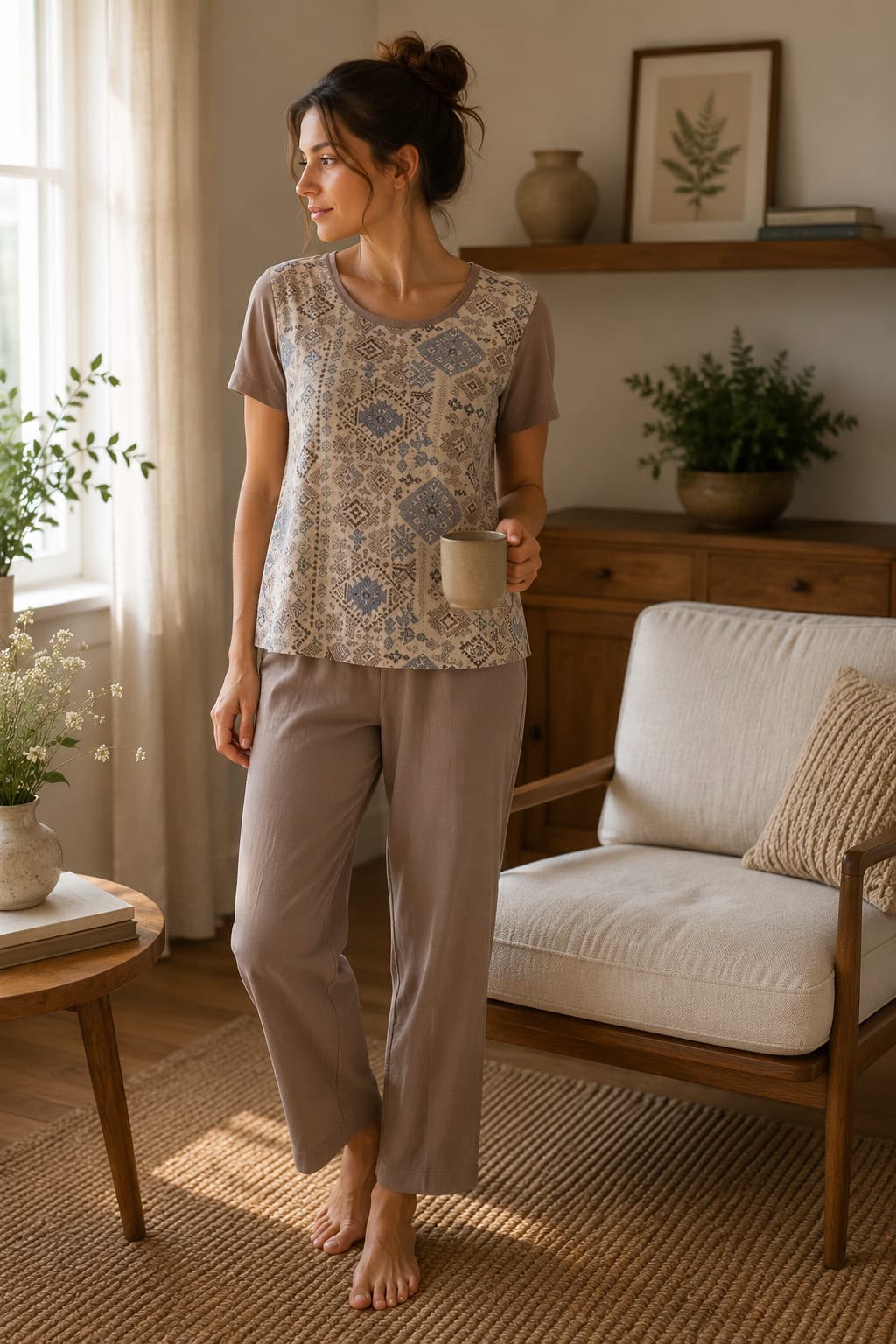 Taupe Ethnic Printed Cotton Blend Night Suit Set
