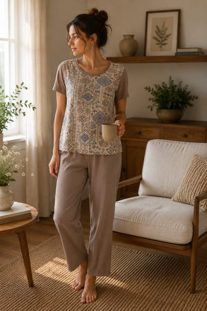 Taupe Ethnic Printed Cotton Blend Night Suit Set - Private Lives