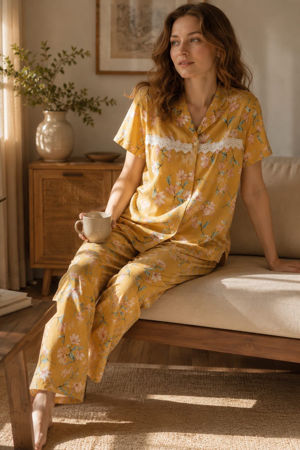 Mustard Yellow Floral Printed Cotton Blend Night Suit Set with Lace Detail