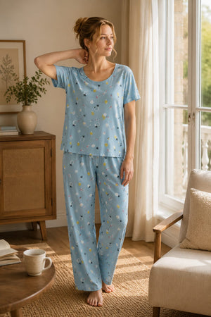 Sky Blue Printed Cotton Night Suit Set - Private Lives