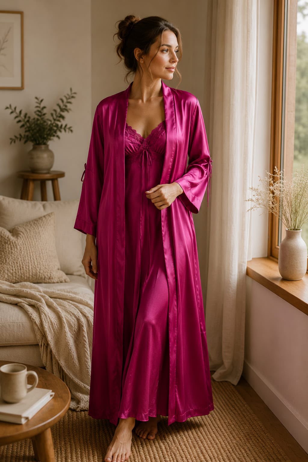 Fuchsia Satin Nightgown with Long Robe