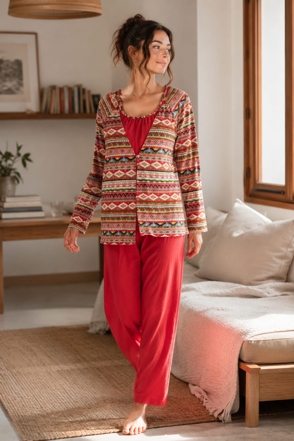 Printed 3-Piece Cotton Lounge & Nightwear Set – Rustic Charm