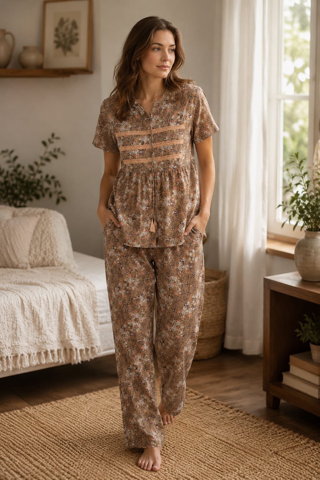 Mocha Bloom Cotton Pajama Set