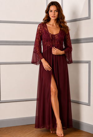 Wine Whisper Lace Lounge Gown Set