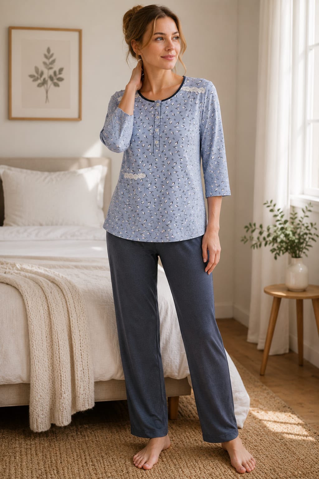 Floral Printed Cotton Blend Night Suit Set – Soft Blue & Charcoal Grey