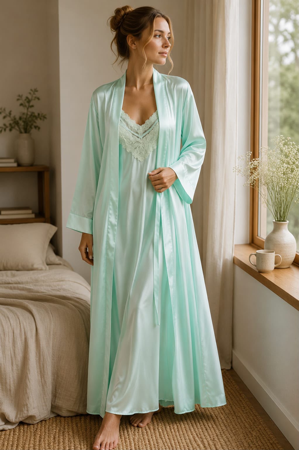 Satin Long Nighty with Robe Set – Mint Serenity