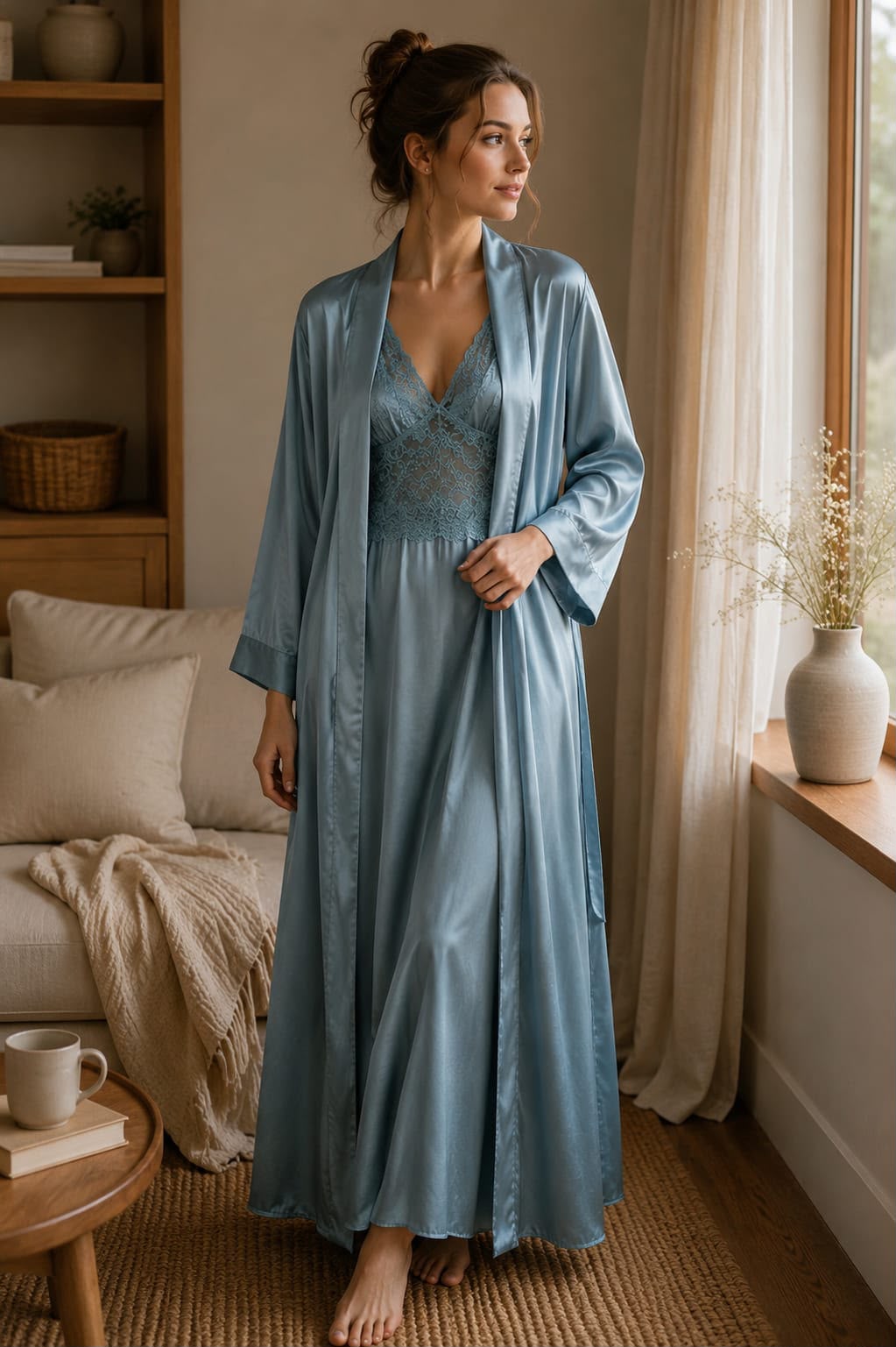 Sky Blue Satin Nightgown with Long Robe