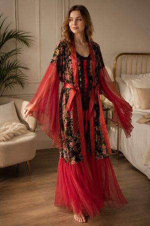 Women’s Black Floral Print Long Robe with Red Sheer Sleeves & Nightdress Set