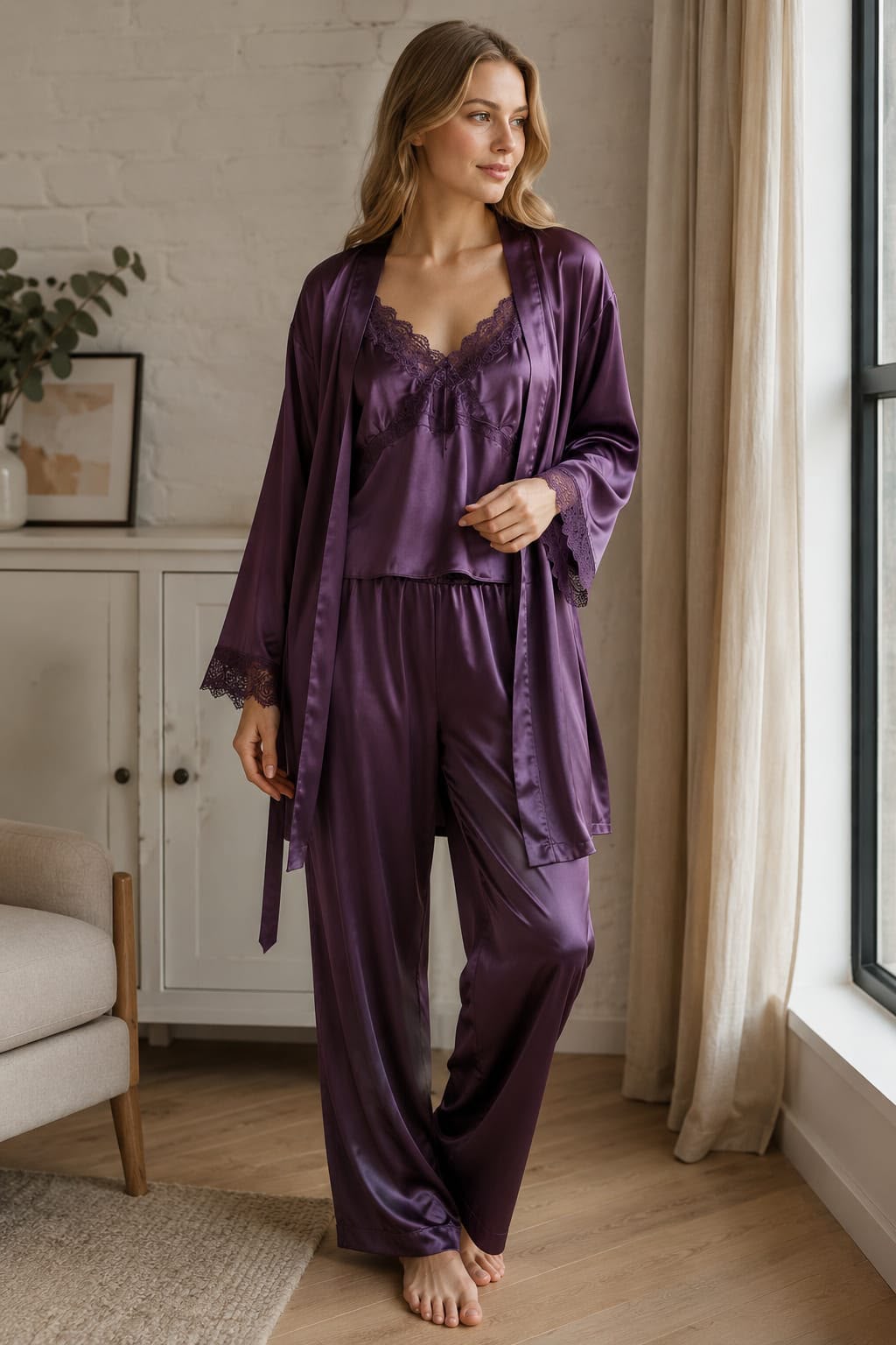 Royal Plum Satin 3-Piece Nightwear Set - Private Lives