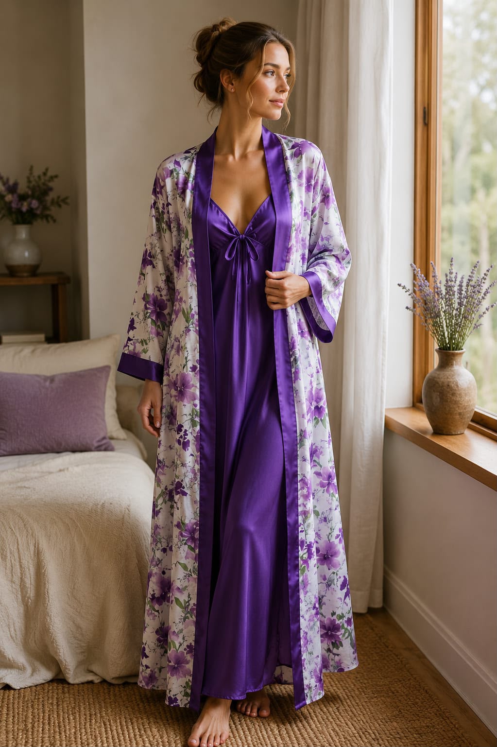 Satin Floral Long Nighty with Robe Set – Royal Lavender
