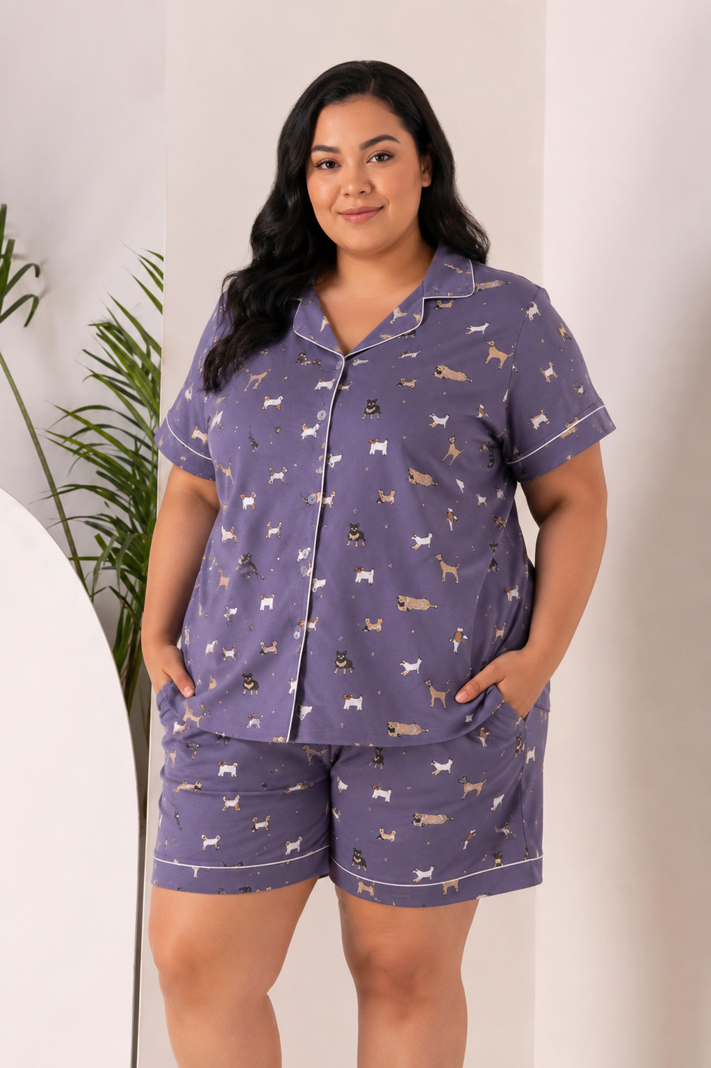 Plus Size Printed Hosiery Classic Collar Short Night Suit
