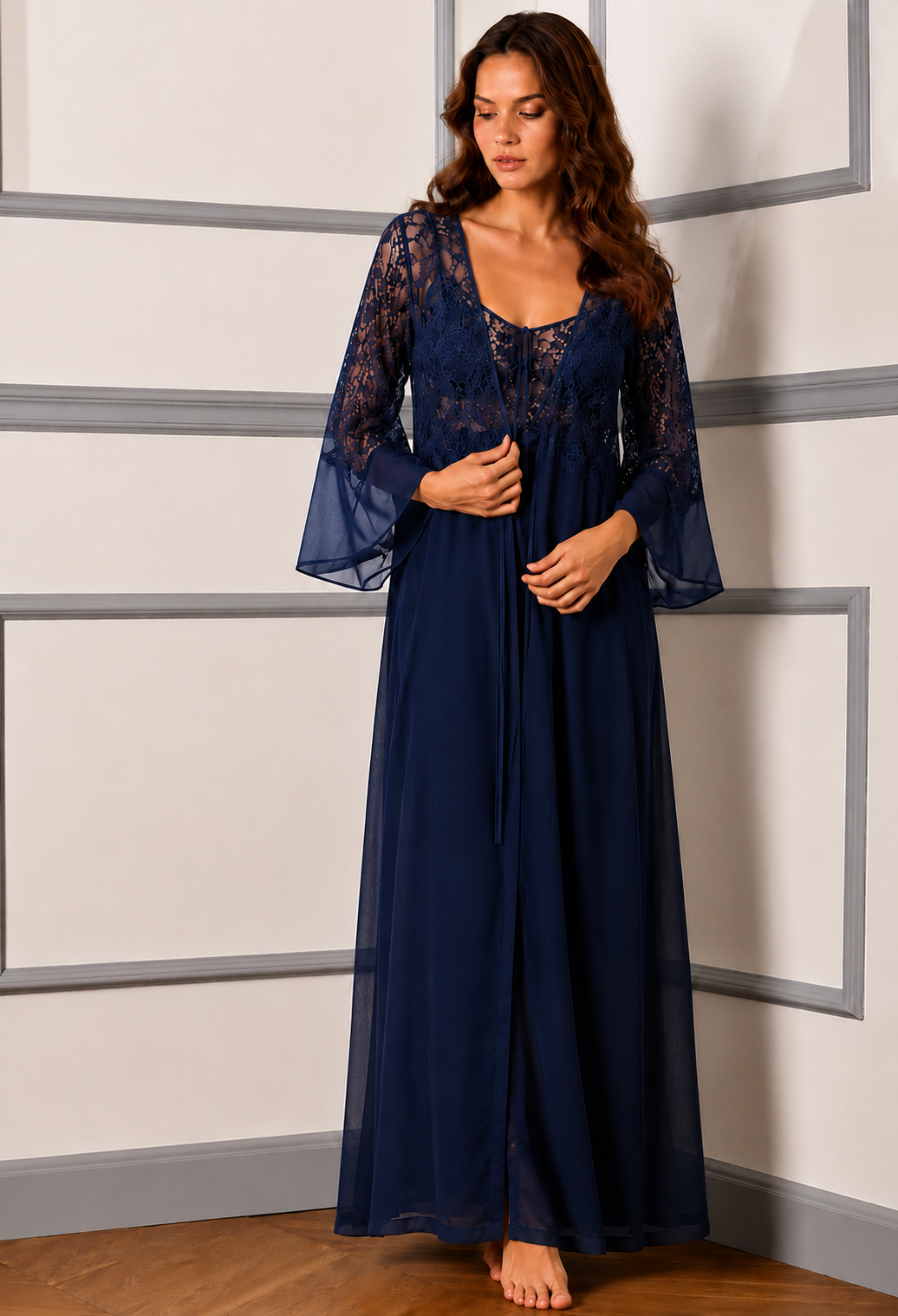 Navy Whisper Lace Lounge Gown Set