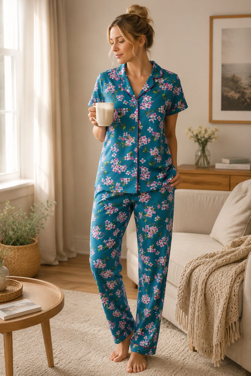 Floral Cotton Night Suit Set – Blue Blossom Print