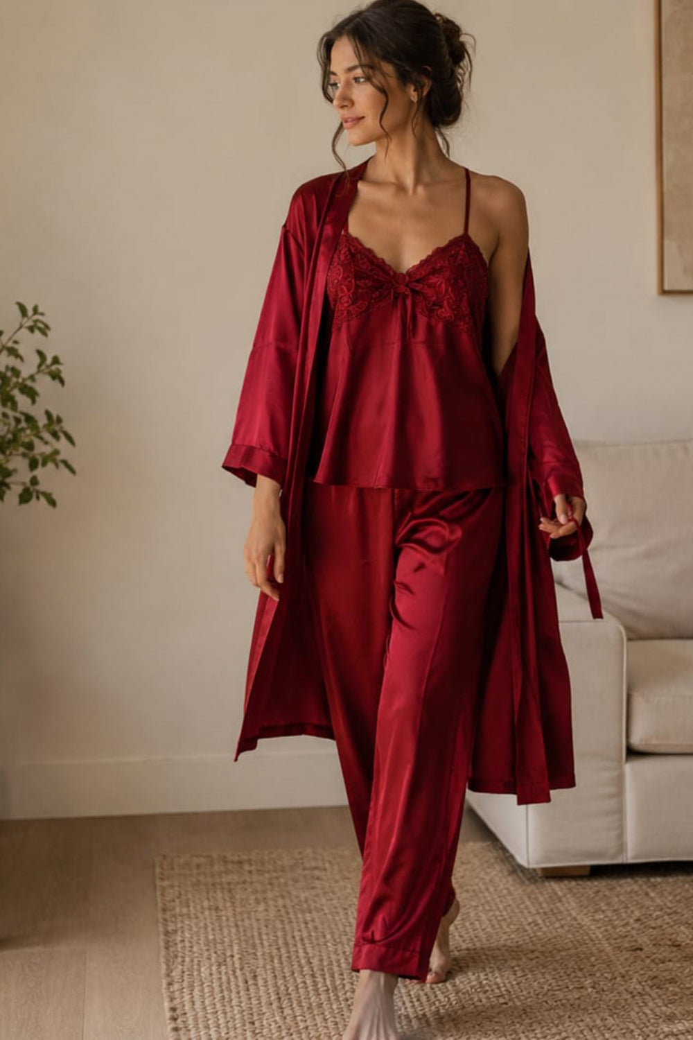 Royal Maroon Satin Pajama Set with Robe