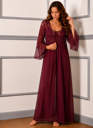 Wine Whisper Lace Lounge Gown Set