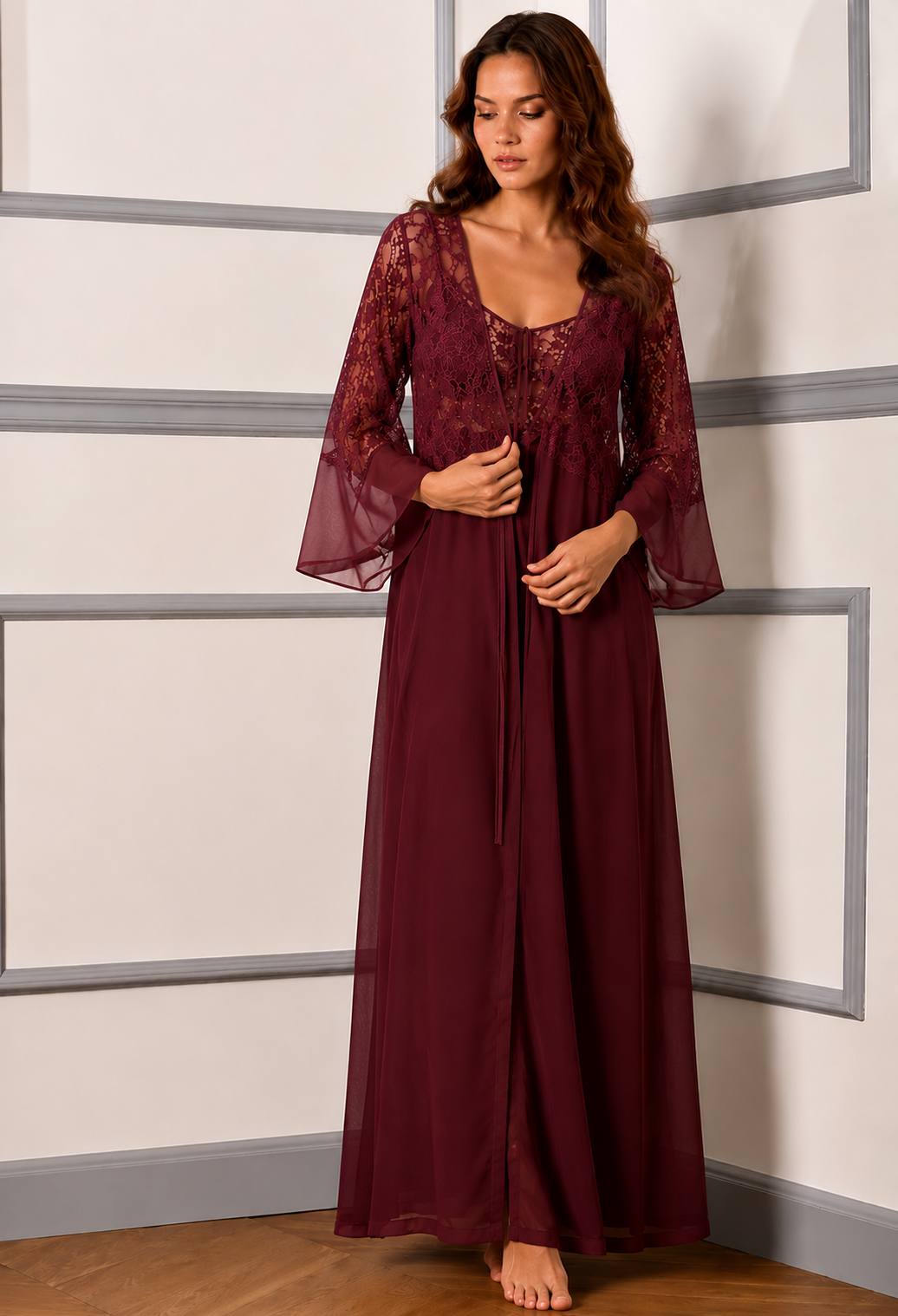 Wine Whisper Lace Lounge Gown Set