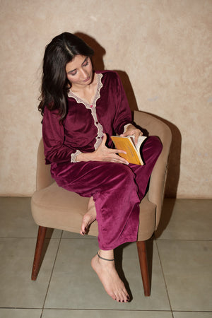 Wine Velvet Lace Night Suit | As Worn by Kanika Mann
