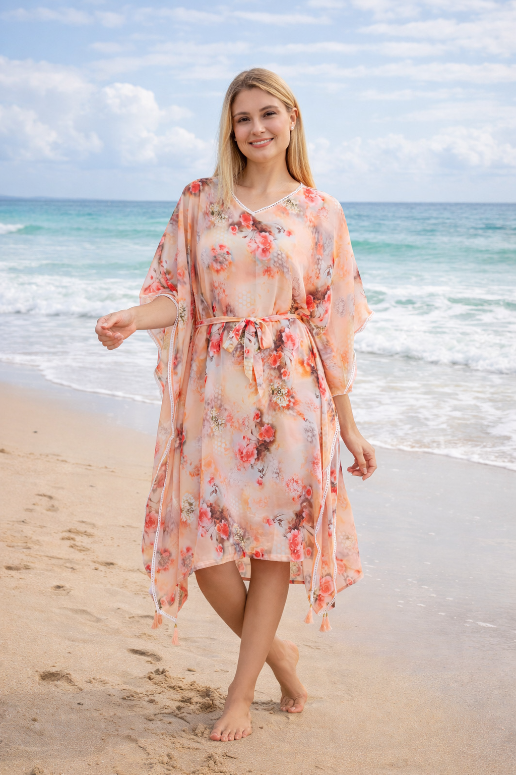 Peach Floral Chiffon Kaftan