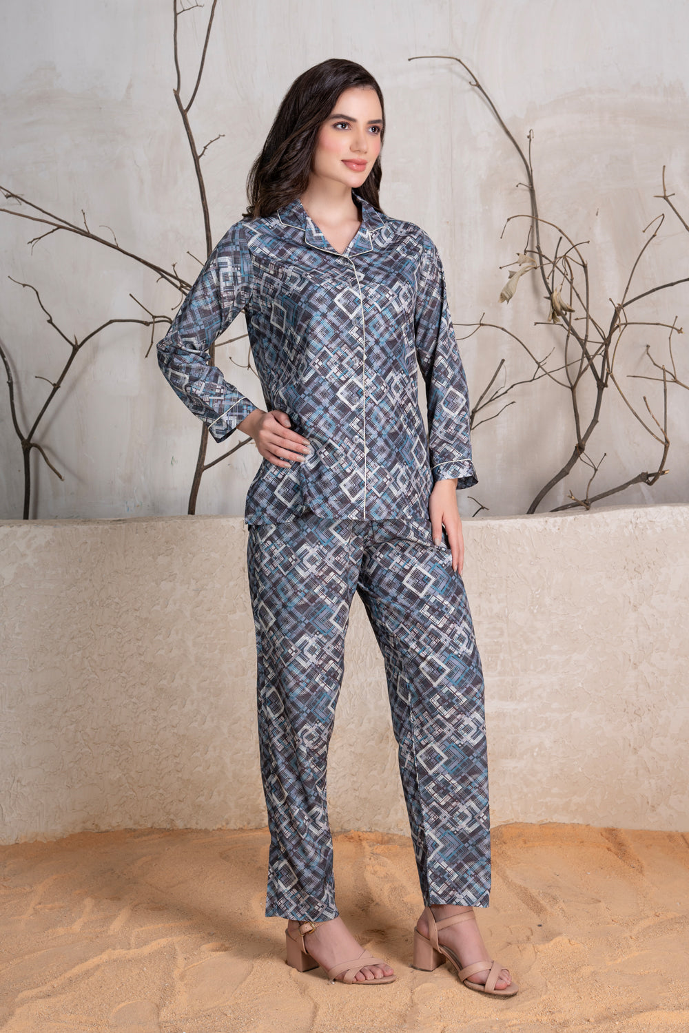 Printed Satin Classic collar Pj set
