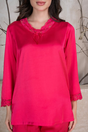 Hot Pink Satin Night Suit With Lace