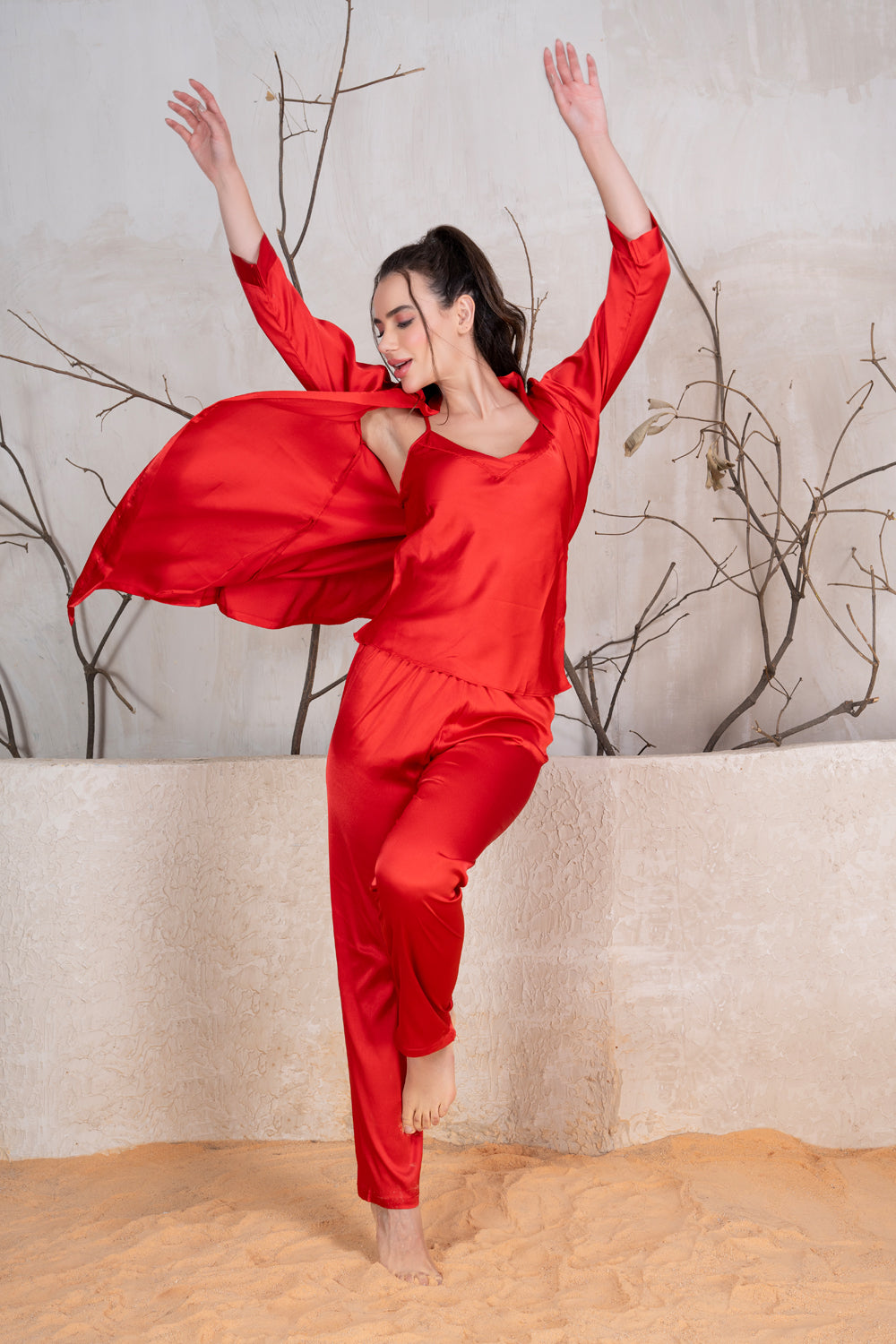 Red Satin Night Suit With Robe Set