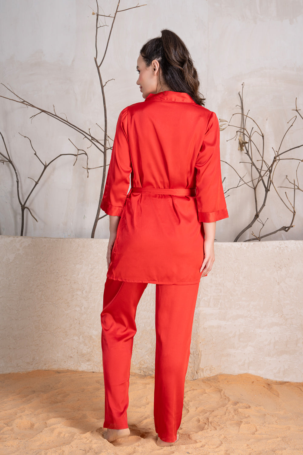 Buy Red Satin Night Suit With Robe Set For Women By Private Lives