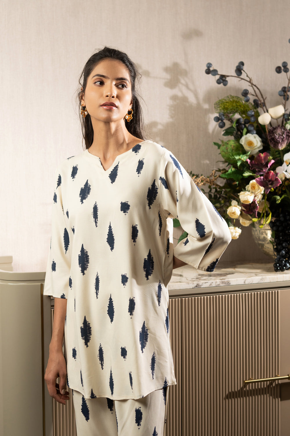 White & Blue Rayon Ikat Co-ord Set