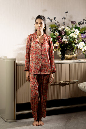 Floral Satin Collar Night Suit