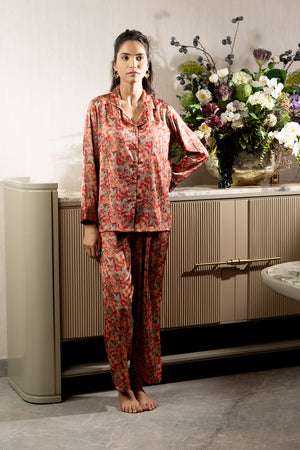 Floral Satin Collar Night Suit