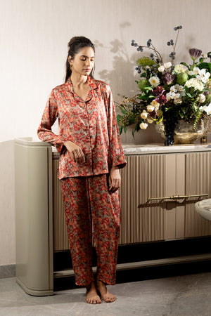 Floral Satin Collar Night Suit