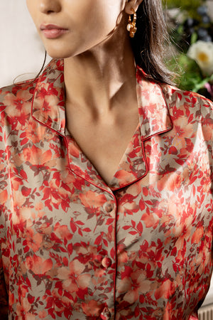 Floral Satin Collar Night Suit