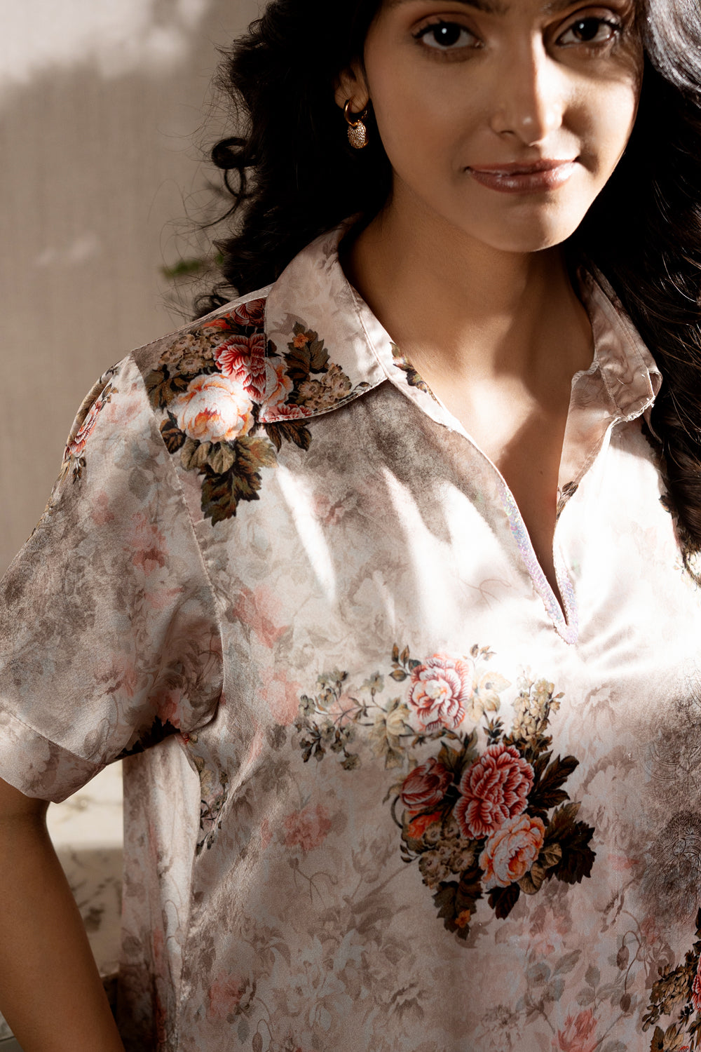 Floral Satin Nightdress With Handwork