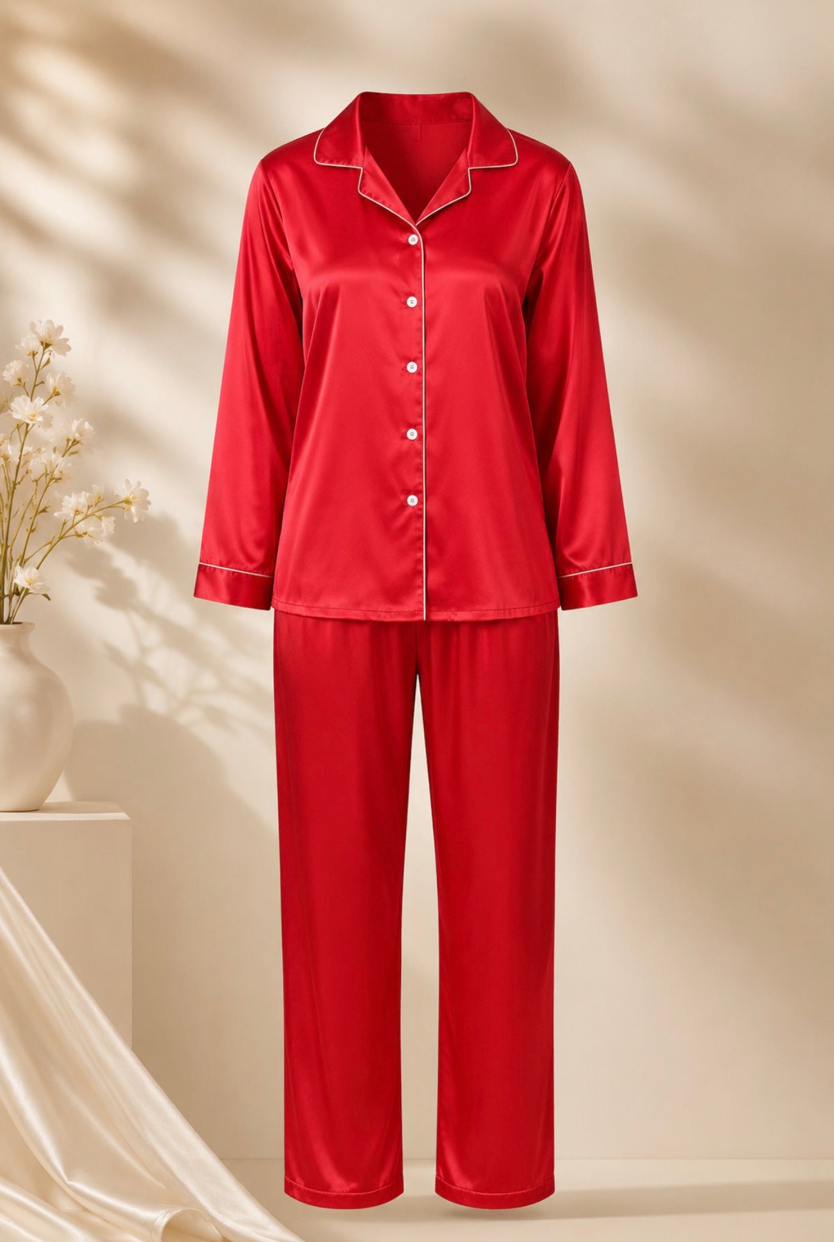 Red Satin Classic Collar Night suit