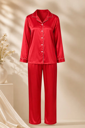 Red Satin Classic Collar Night suit
