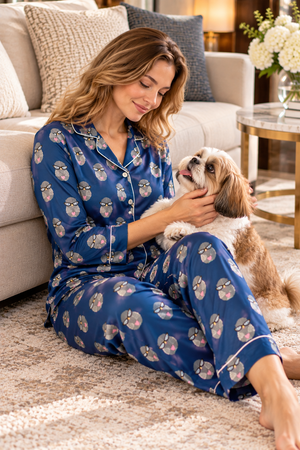 Lunara Blue Owl Satin Top & Pajama Set