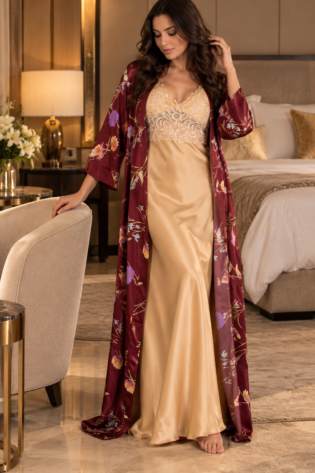 The Gilded Reverie Satin Nightgown Set