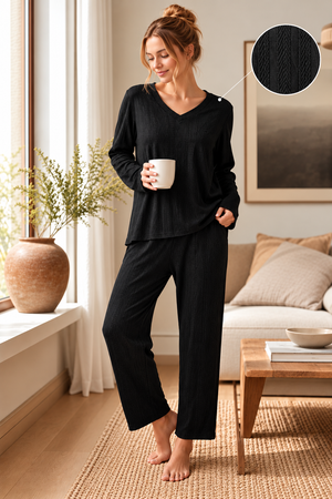Quiet Indulgence | Textured Black Hosiery Lounge Set