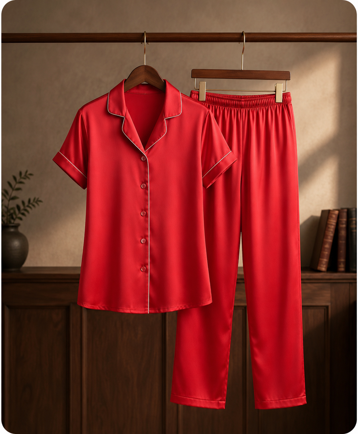 Red satin Classic collar Night suit