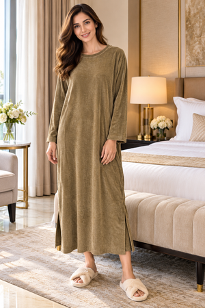 The Moss Taupe Velour Luxe Lounge Dress