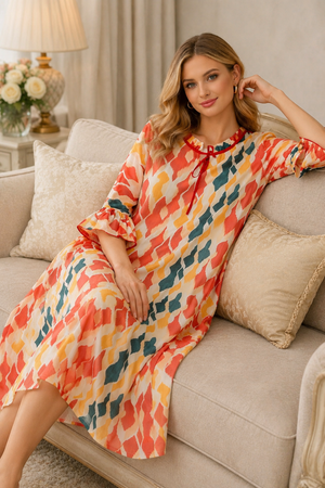 Coral Mosaic Layered Chiffon Lounge Dress
