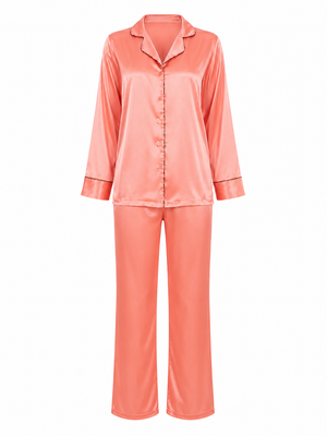 Peach Satin Classic Collar Night Suit
