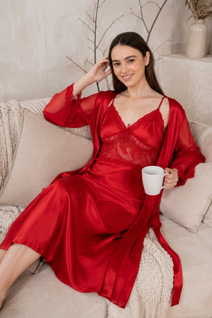 Scarlet Desire Satin Nightgown & Robe Set