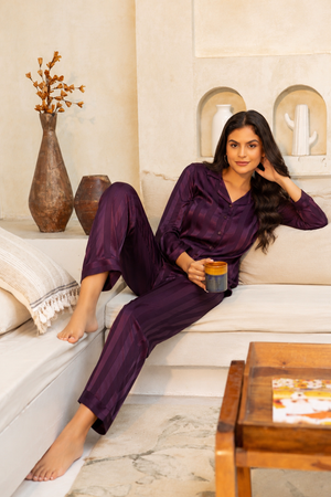 Midnight Grace Self-Stripe Satin Night Suit