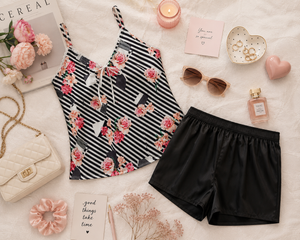Black floral Sky Satin Set
