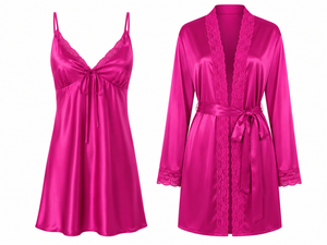 Fuchsia Romance Satin Robe & Nightdress Set in Lycra